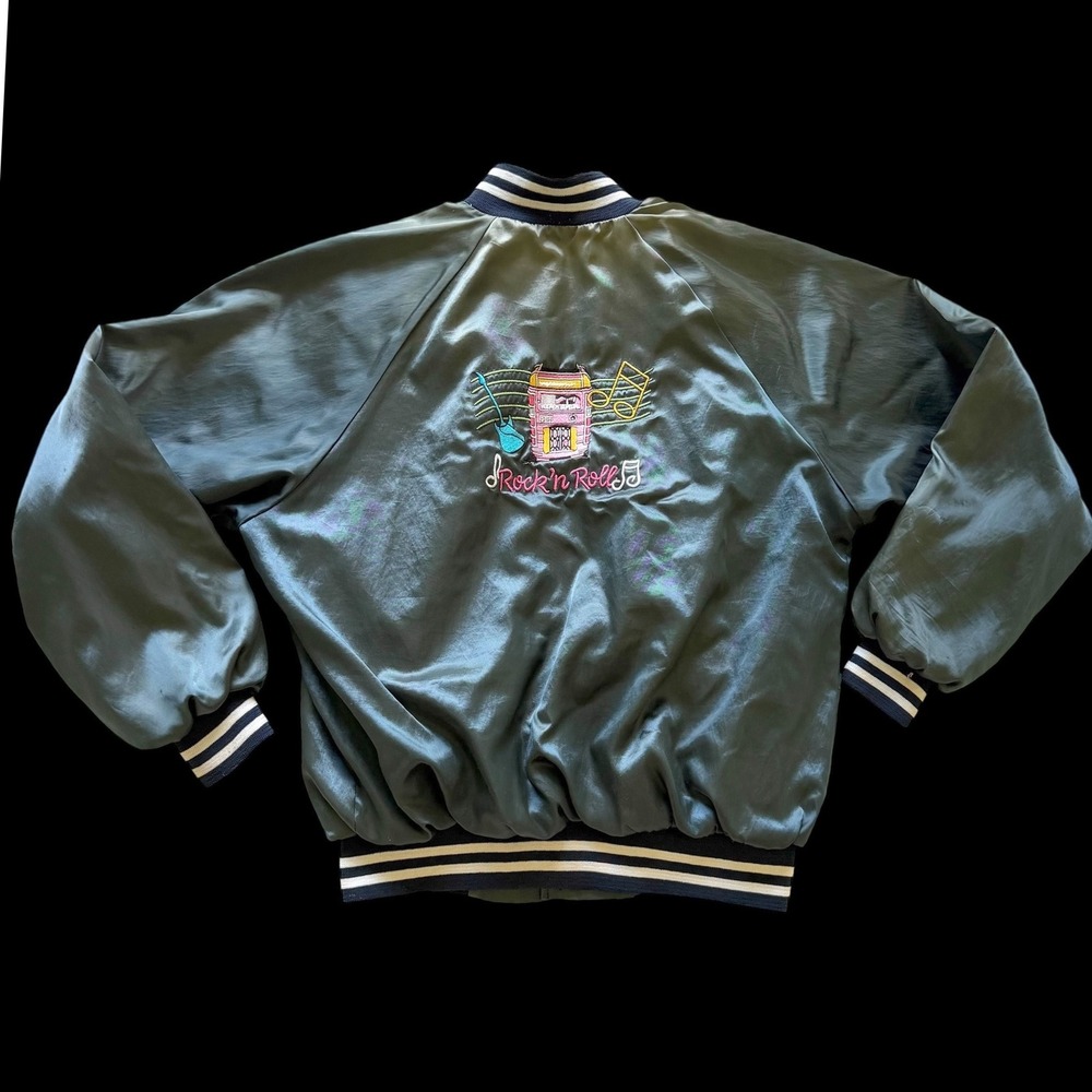 Vintage 70's Satin Bomber Jacket Rock n Roll Jukebox Fast Fords Jack Men XL